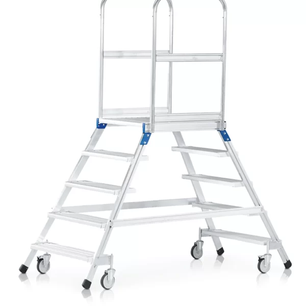 Zarges Két oldalon járható gurulós dobogós lépcső könnyűfém, vagy acélrácsos lépcsőfokokkal és dobogóval